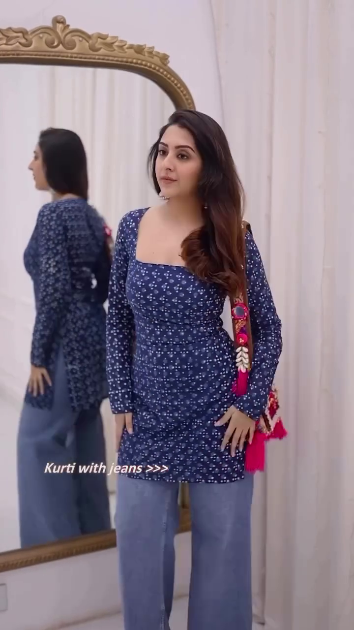 Navy Blue Printed Kurti with Jeans