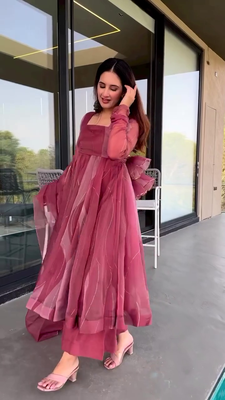 Dusty Rose Flared Kurta Set with Dupatta - Image 2