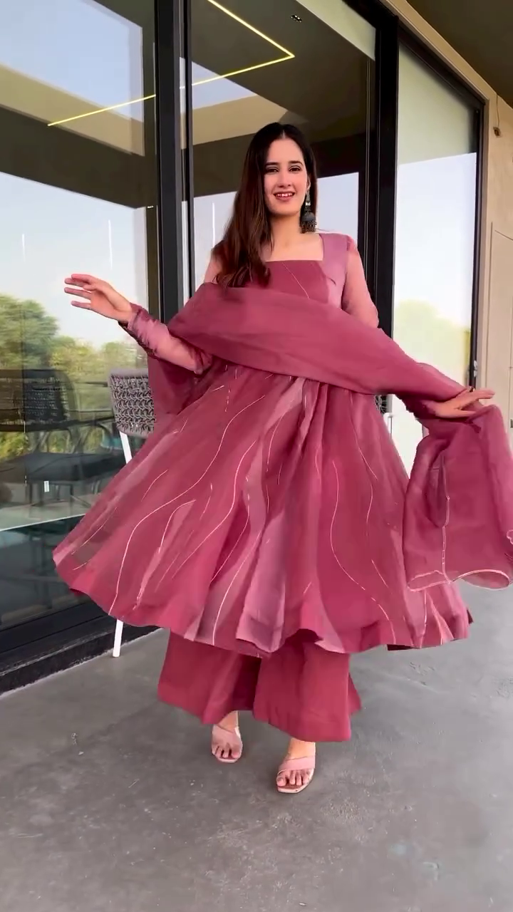 Dusty Rose Flared Kurta Set with Dupatta