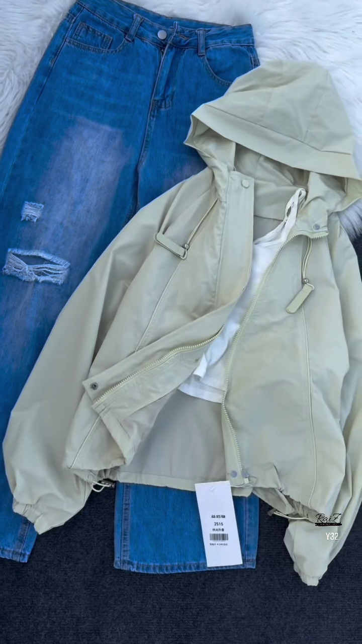 Beige Hooded Jacket with Ripped Blue Denim