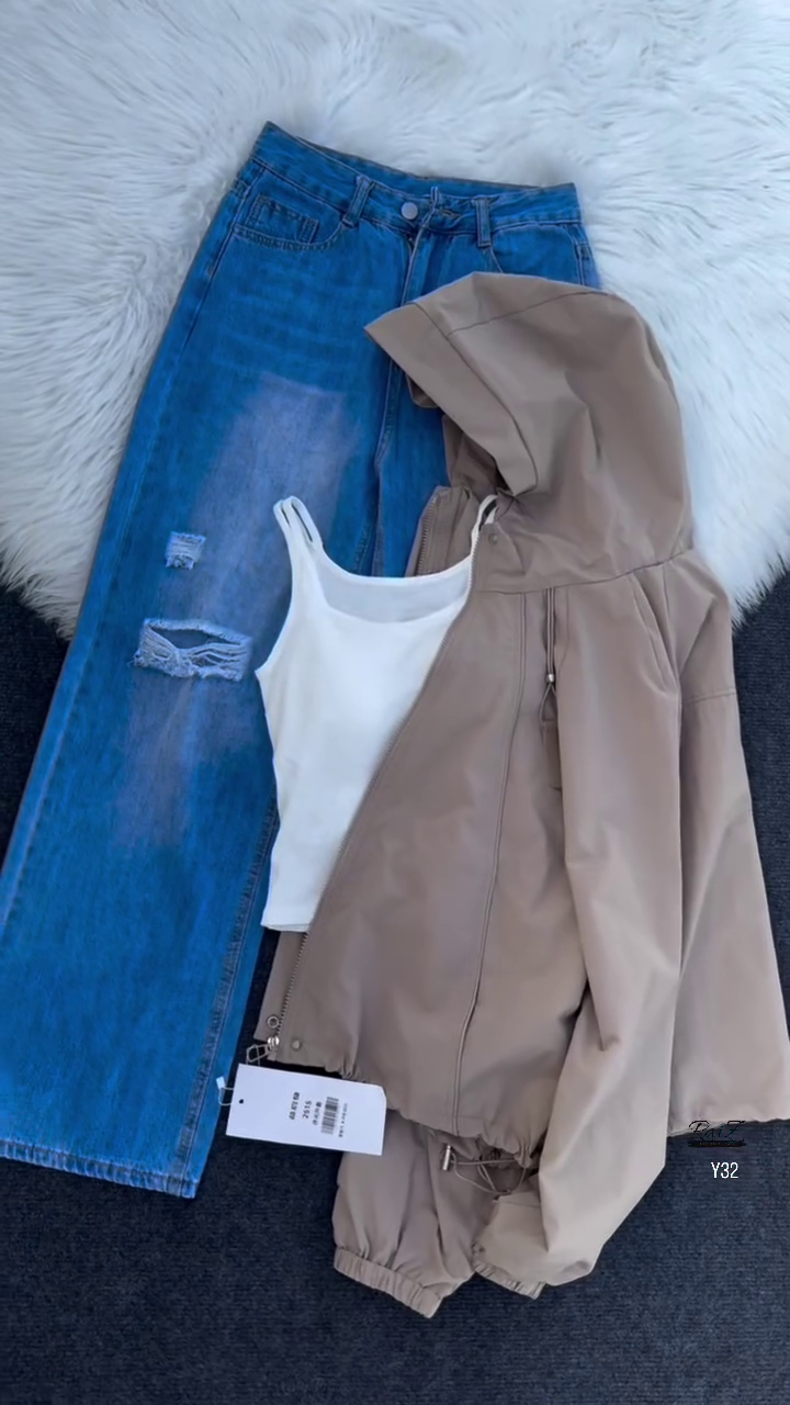 Beige Hooded Jacket with Ripped Blue Denim - Image 4