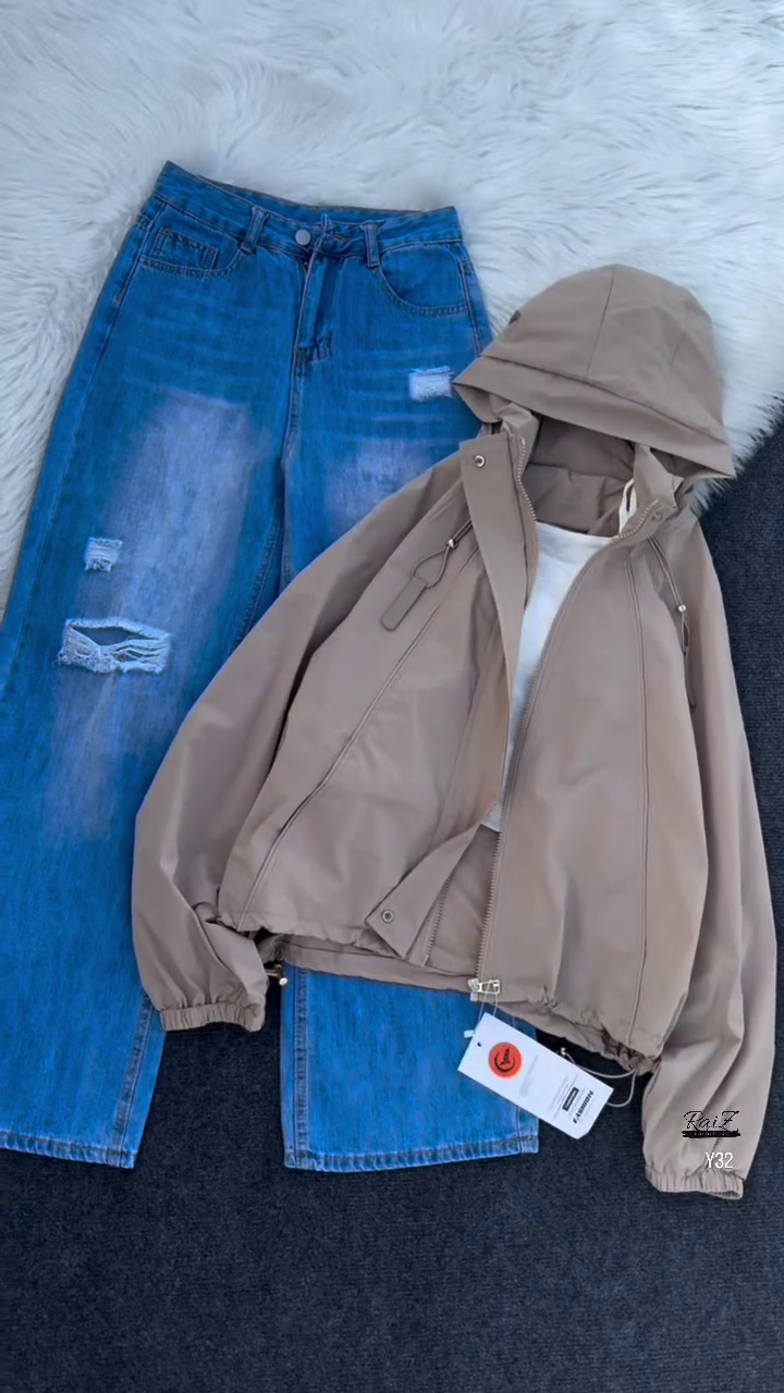 Beige Hooded Jacket with Ripped Blue Denim - Image 5