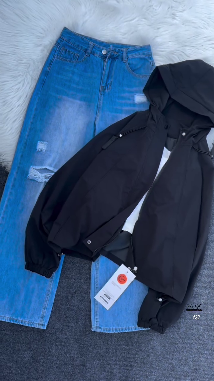 Beige Hooded Jacket with Ripped Blue Denim - Image 7