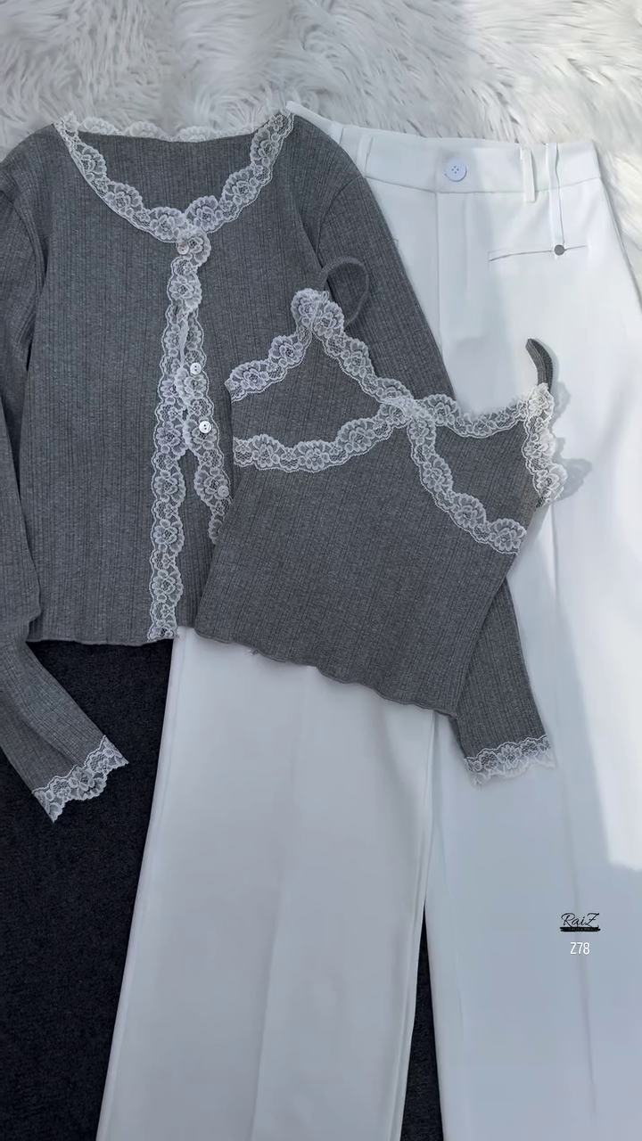 Grey Lace-Trimmed Knit Top & White Pants Co-ord Set - Image 2