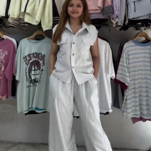 Elegant Beige Sleeveless Belted Top & Wide-Leg Pant Co-ord Set