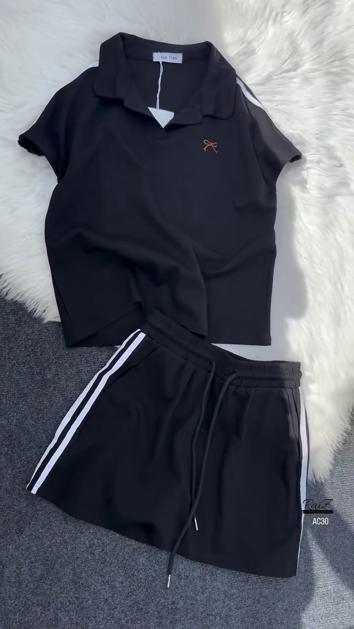 Women’s Black Polo Collar T-Shirt & Striped Shorts Co-ord Set