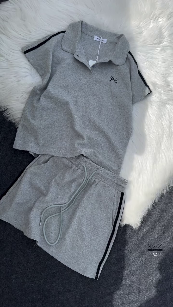 Women’s Black Polo Collar T-Shirt & Striped Shorts Co-ord Set - Image 2