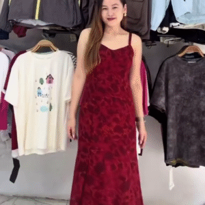 Women’s Sleeveless Floral Print Red Maxi Dress