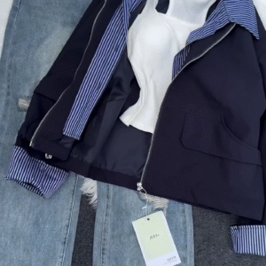 Women’s Casual Zip-Up Jacket with Striped Lining – Navy Blue