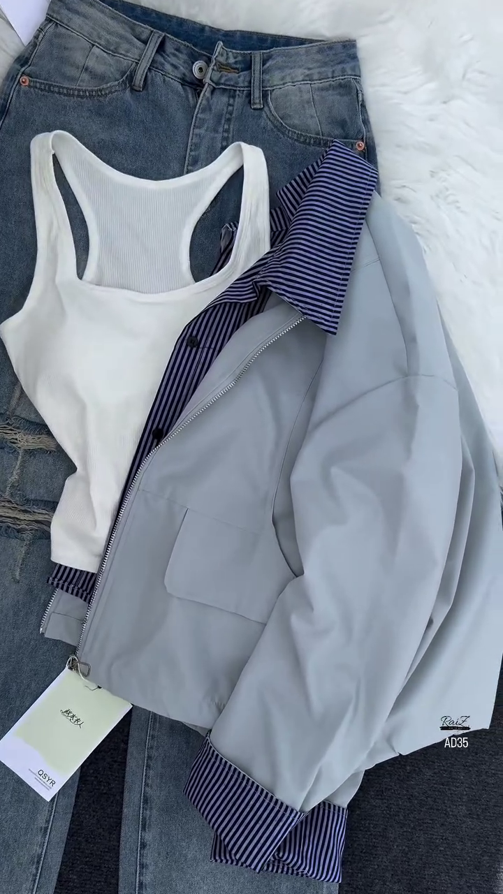 Women’s Casual Zip-Up Jacket with Striped Lining – Navy Blue - Image 2