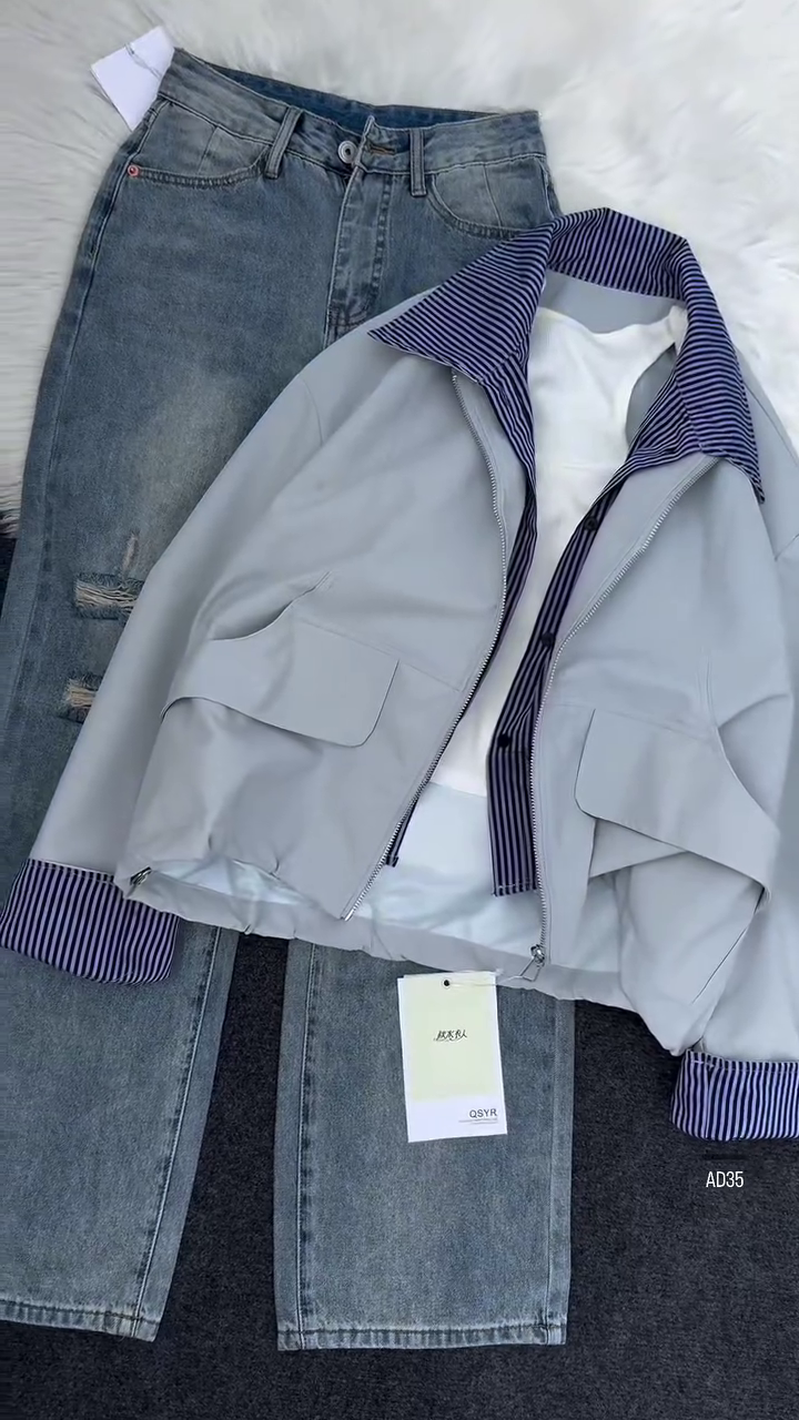 Women’s Casual Zip-Up Jacket with Striped Lining – Navy Blue - Image 3