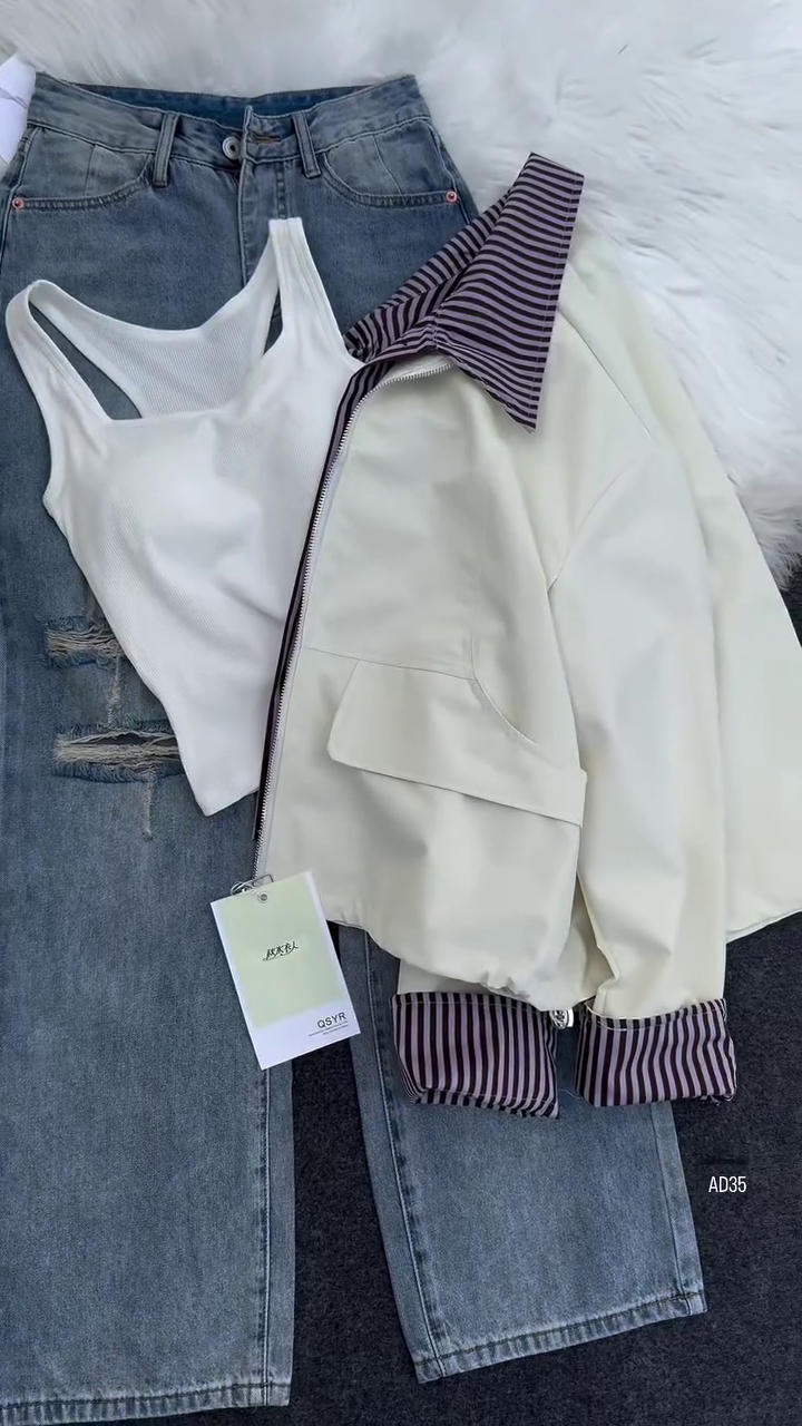 Women’s Casual Zip-Up Jacket with Striped Lining – Navy Blue - Image 6