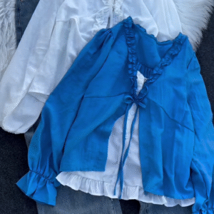 Women’s Ruffled V-Neck Button Blouse with Lace Accent