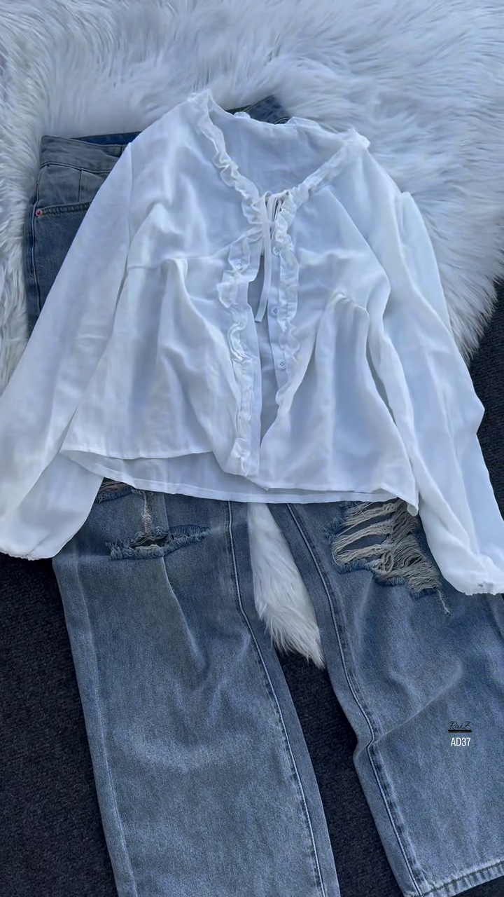 Women’s Ruffled V-Neck Button Blouse with Lace Accent - Image 3