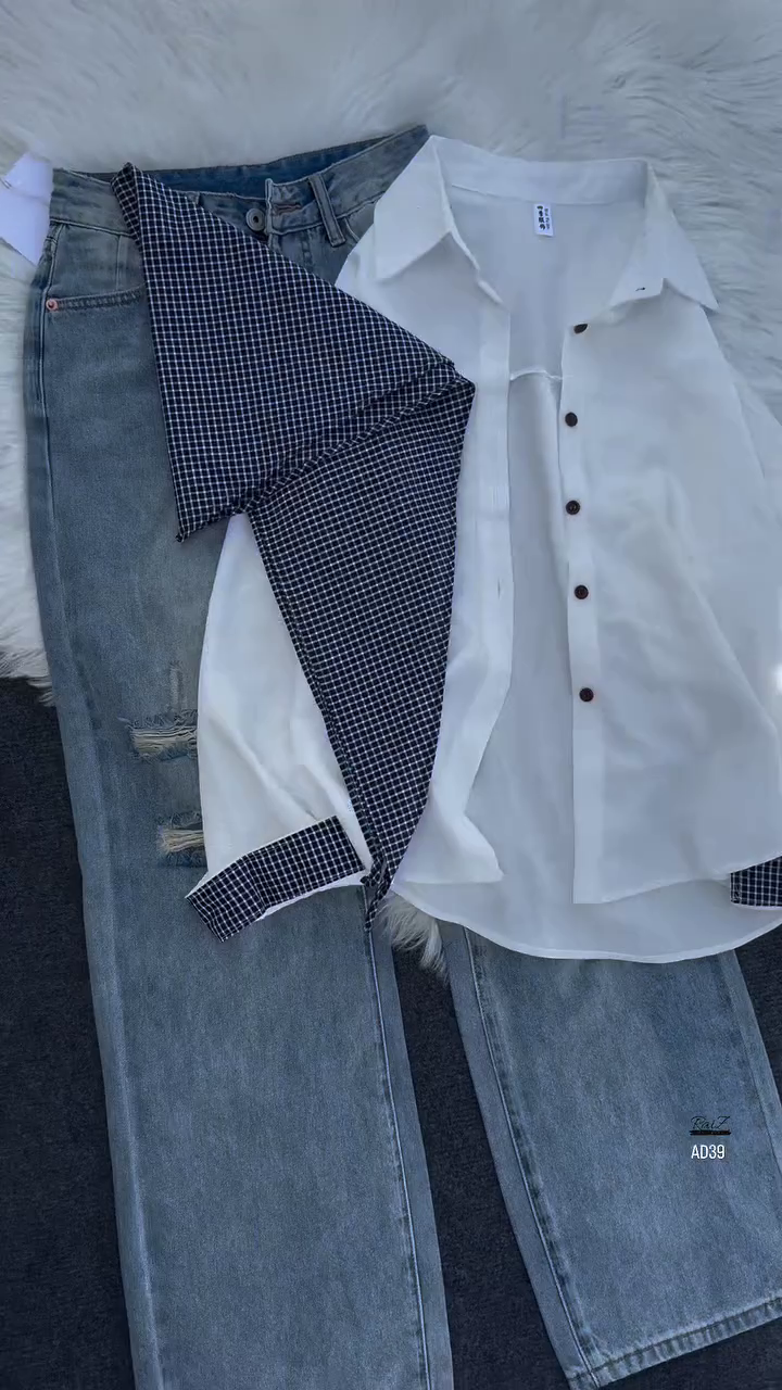 Women’s Button-Down Blouse with Detachable Checkered Scarf - Image 3