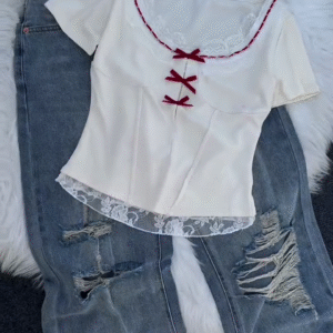 Women’s Pink Lace-Trim Blouse with Bow Detail