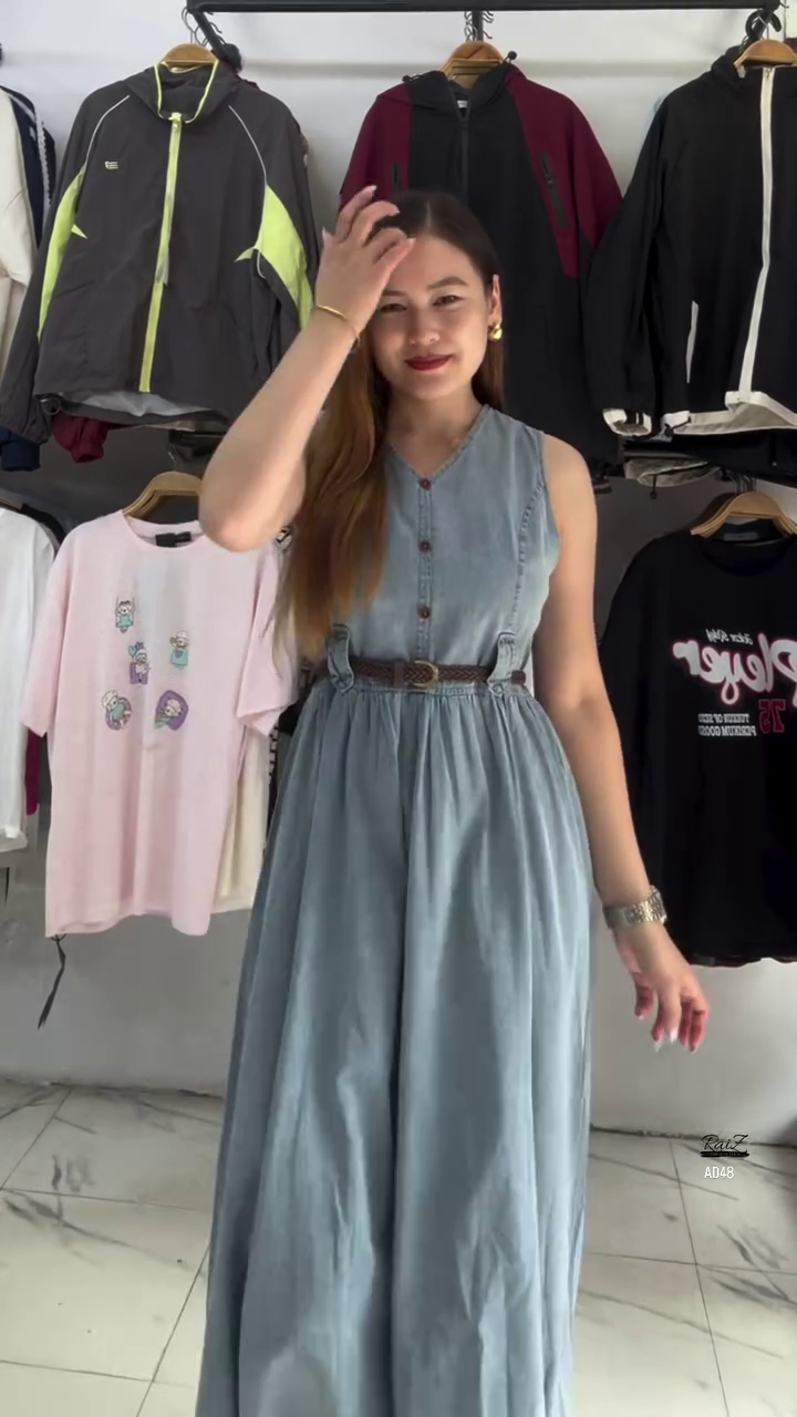 Sleeveless Denim Button-Down Midi Dress with Belt