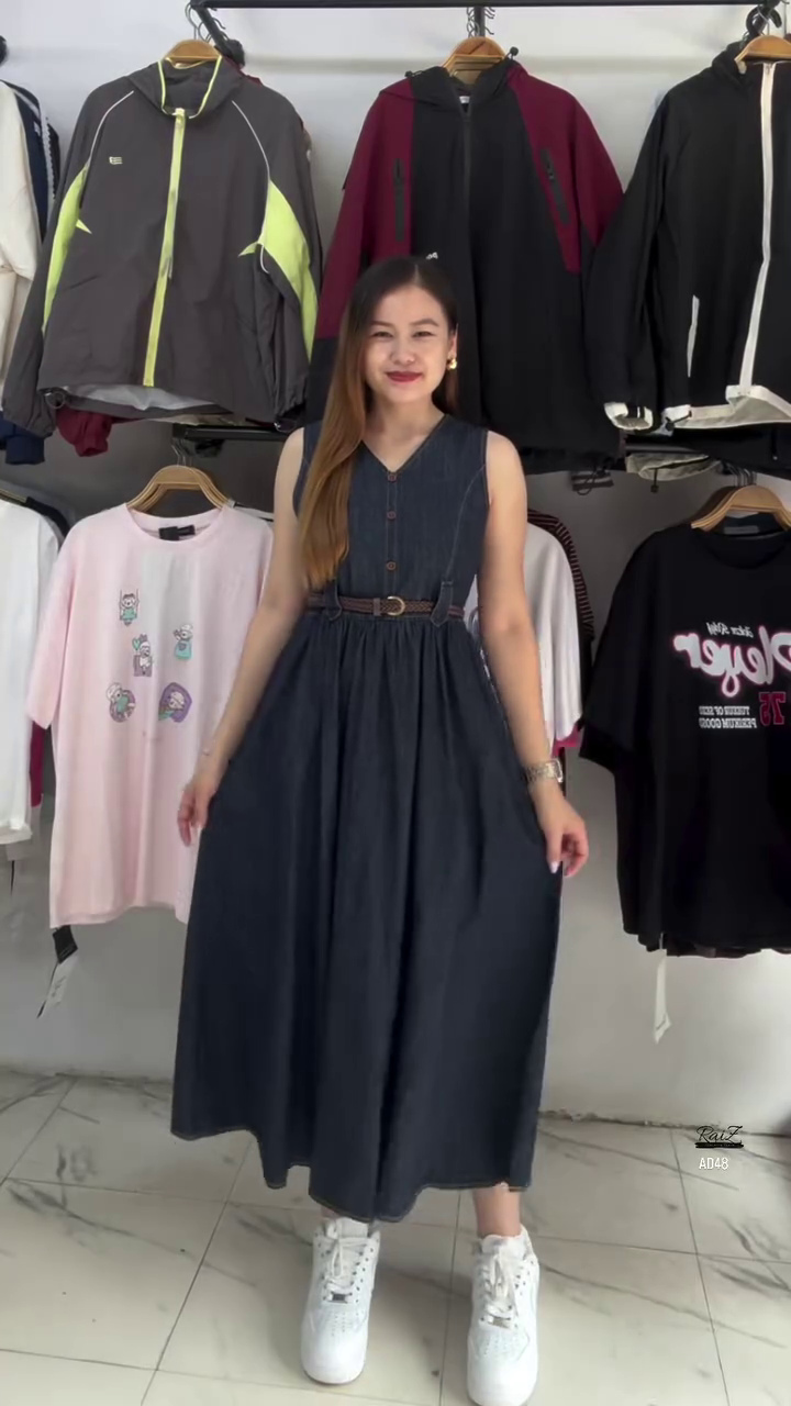 Sleeveless Denim Button-Down Midi Dress with Belt - Image 3