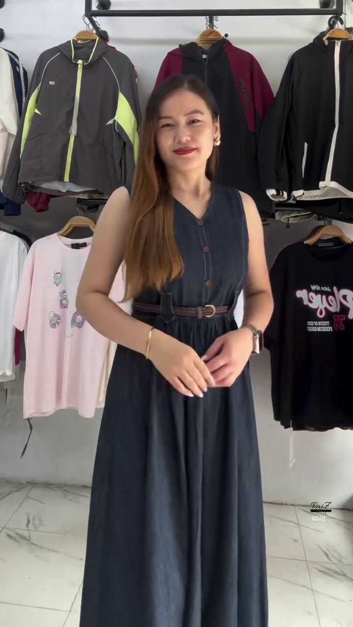 Sleeveless Denim Button-Down Midi Dress with Belt - Image 4