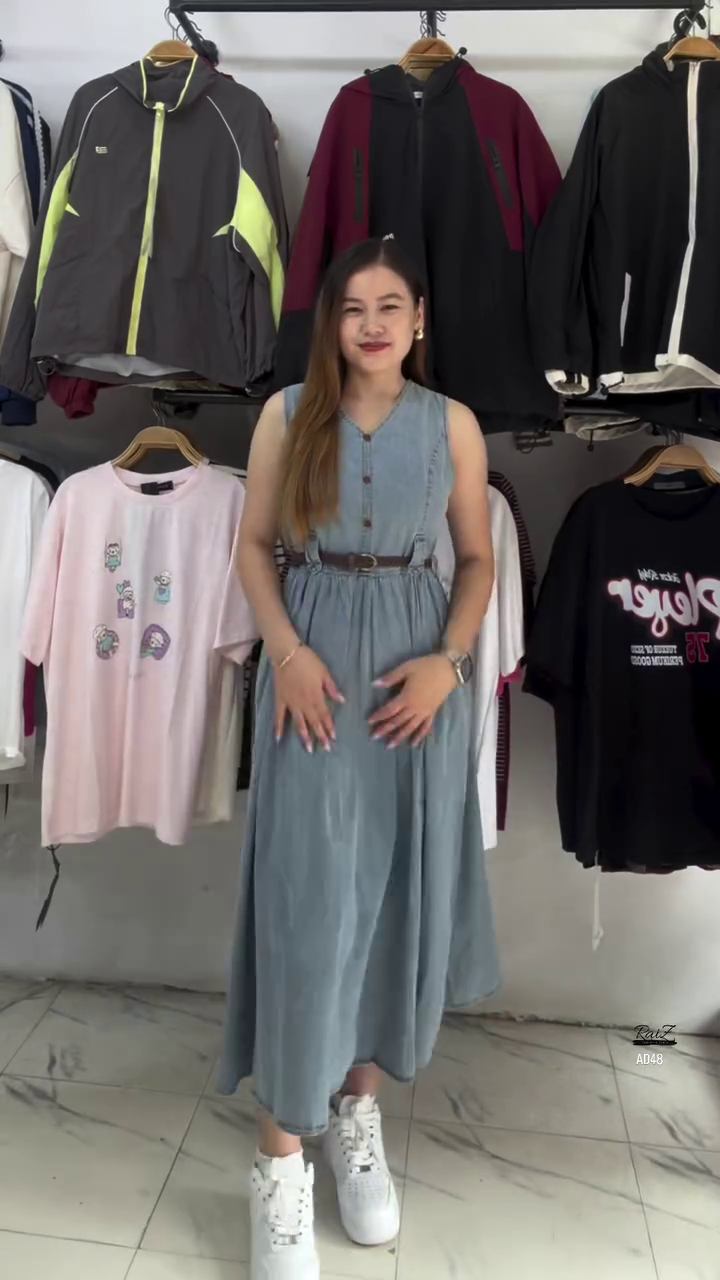 Sleeveless Denim Button-Down Midi Dress with Belt - Image 2