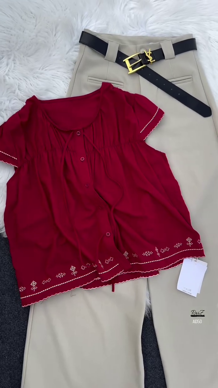 Black Embroidered Blouse & Beige Trouser Set with Belt