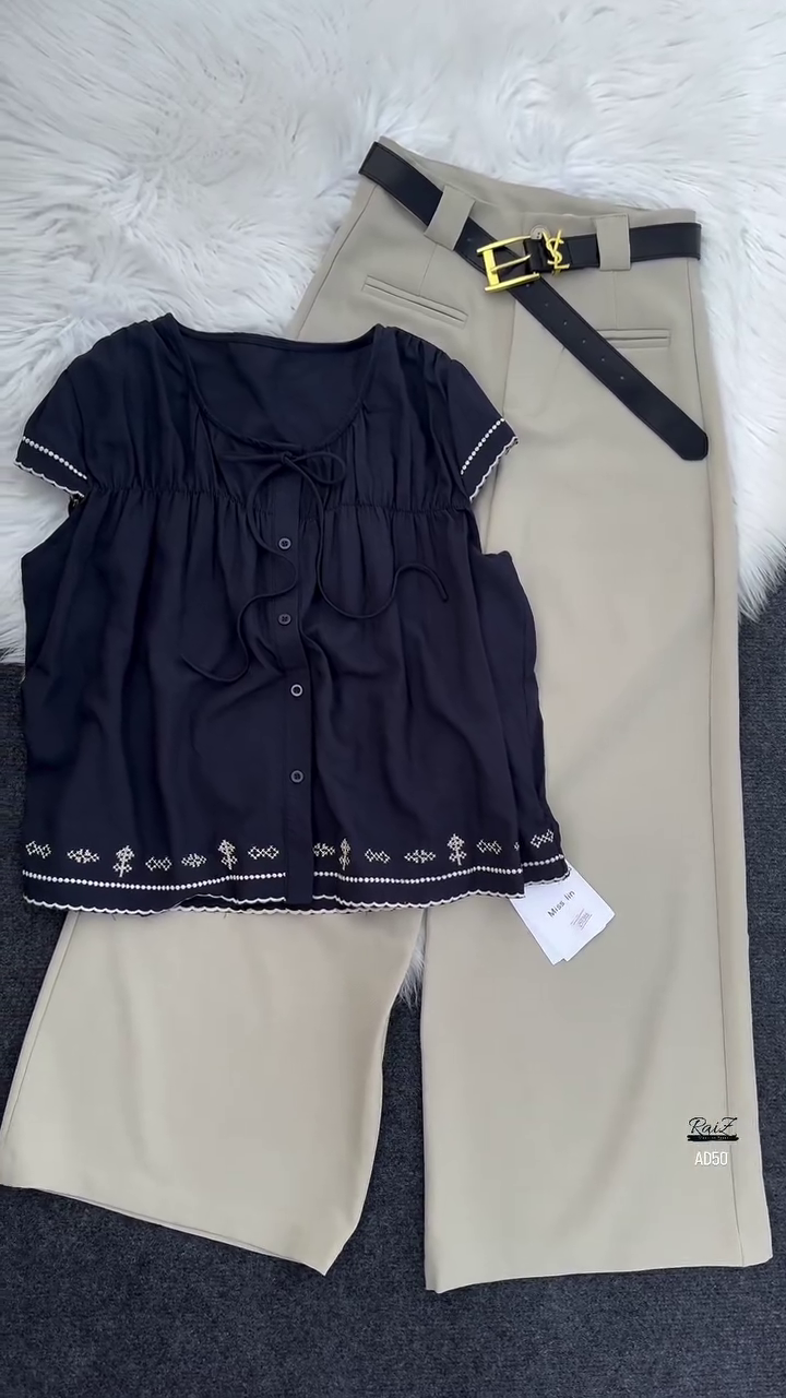 Black Embroidered Blouse & Beige Trouser Set with Belt - Image 4