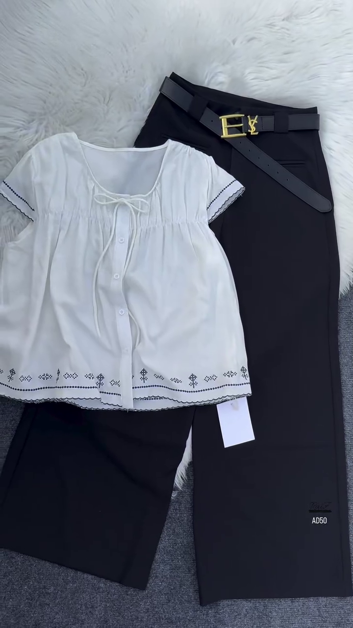 Black Embroidered Blouse & Beige Trouser Set with Belt - Image 3