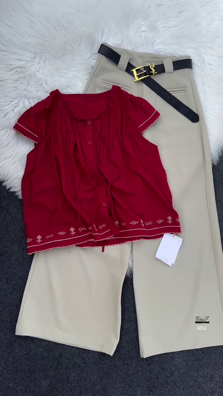 Black Embroidered Blouse & Beige Trouser Set with Belt - Image 2