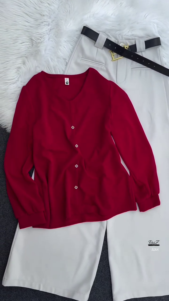 Olive Green Button-Down Blouse & Cream Wide-Leg Trousers Set