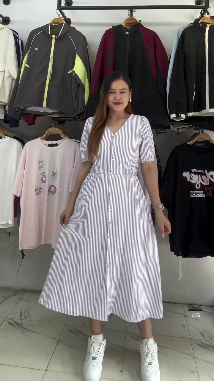 White & Blue Striped Button-Down Midi Dress - Image 3