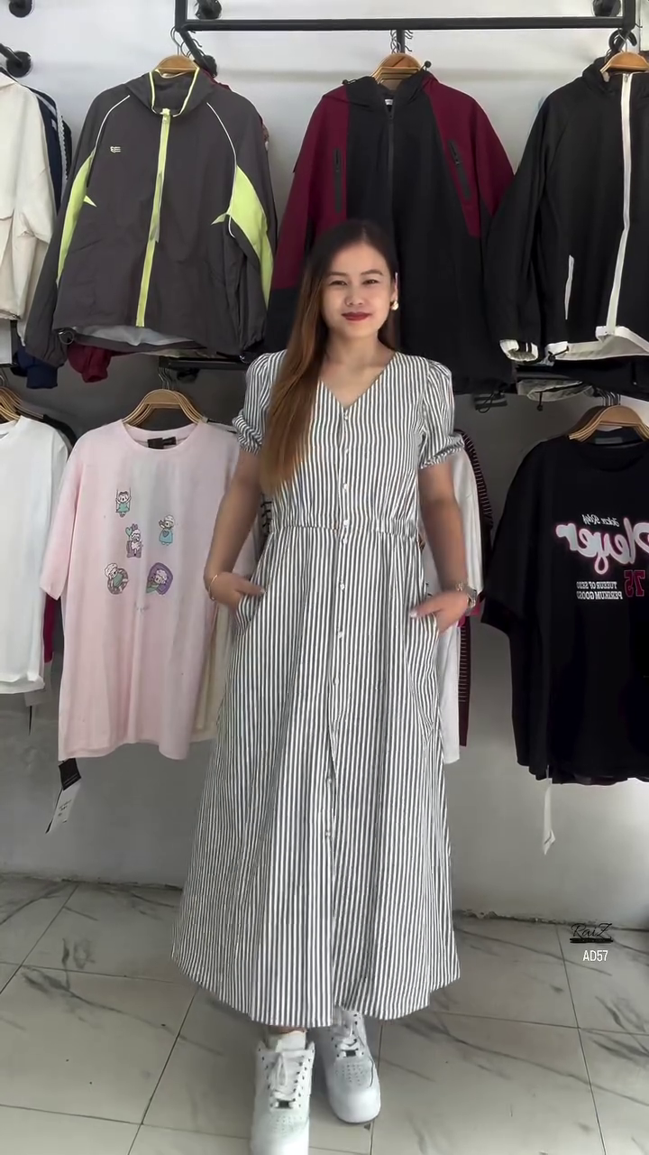 White & Blue Striped Button-Down Midi Dress - Image 5