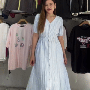 White & Blue Striped Button-Down Midi Dress