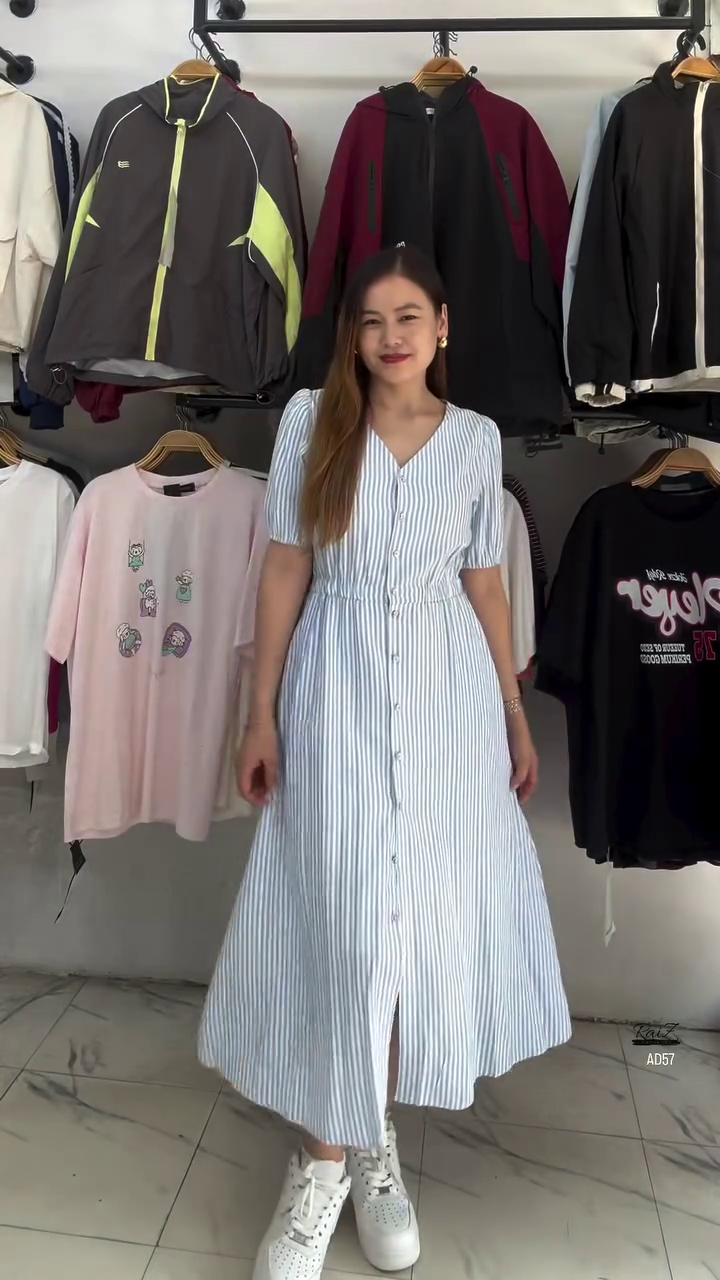 White & Blue Striped Button-Down Midi Dress