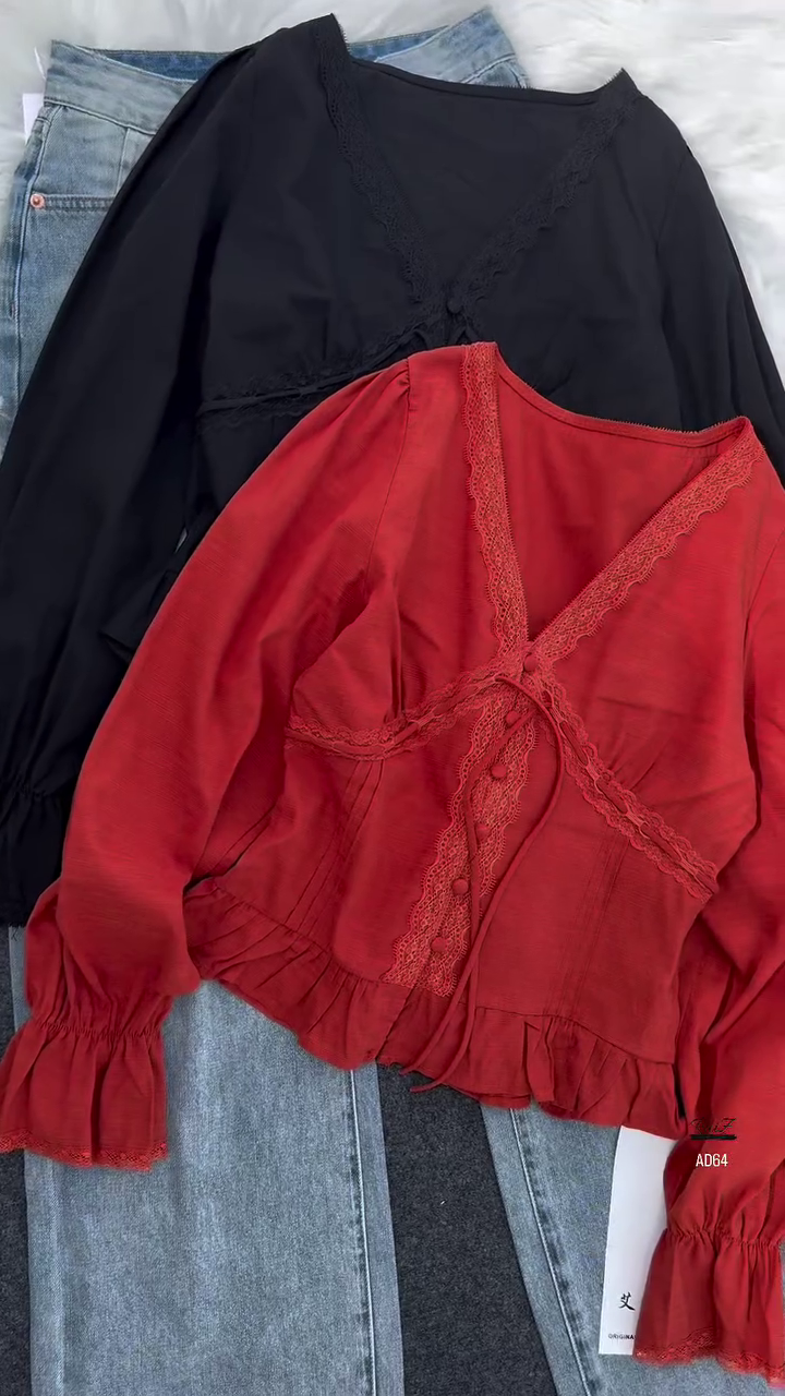 Lace Trim V-Neck Blouse