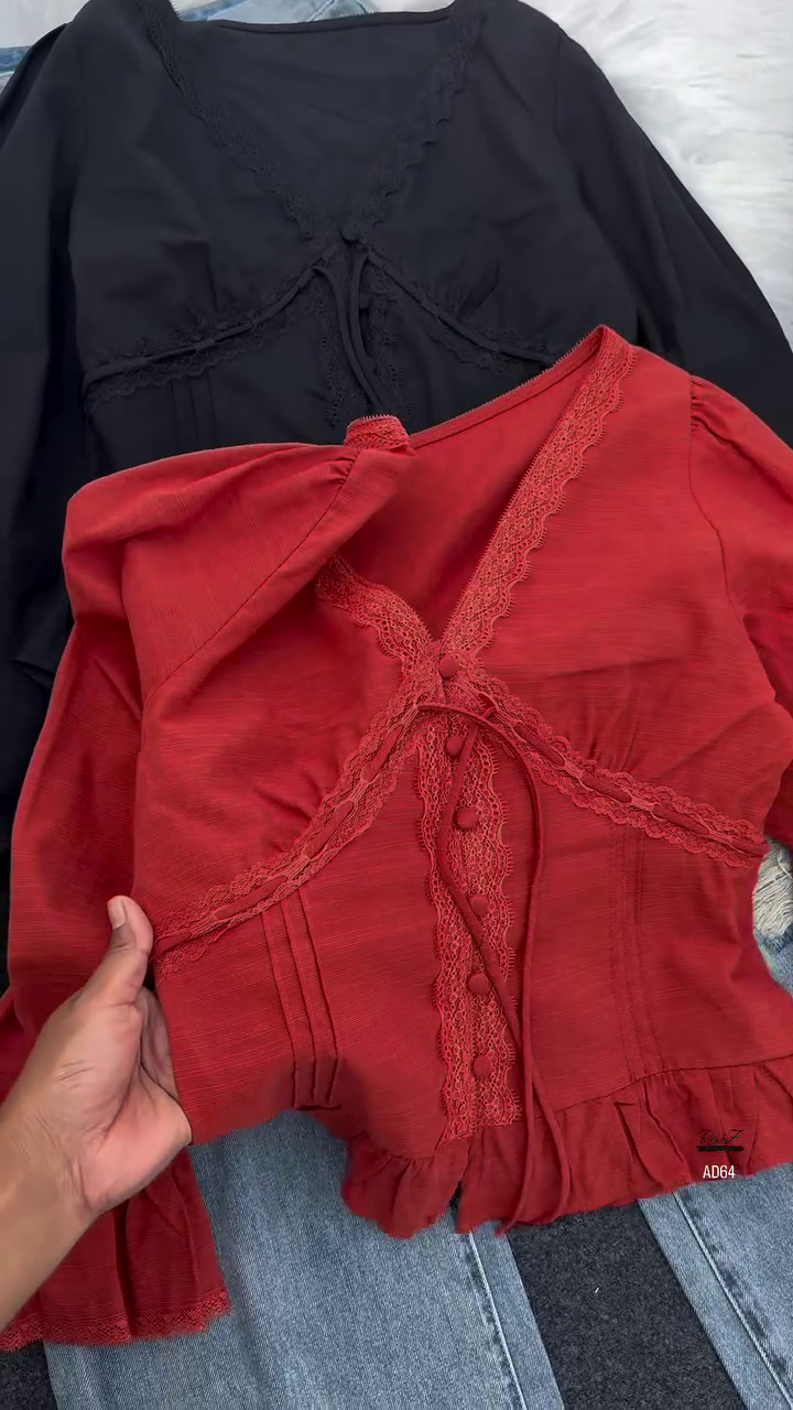 Lace Trim V-Neck Blouse - Image 2