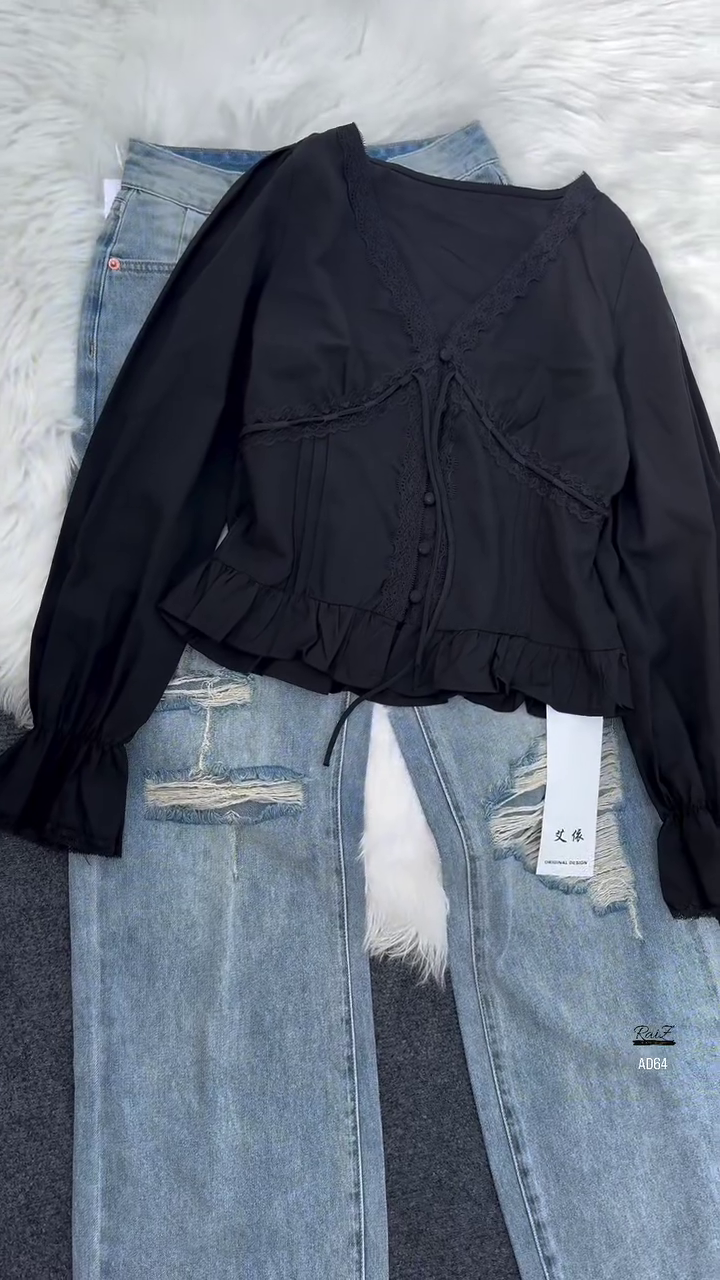 Lace Trim V-Neck Blouse - Image 6