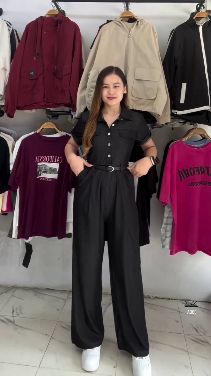 Black Short-Sleeve Button-Down Jumpsuit with Belt