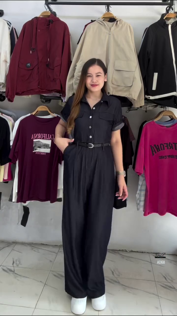 Black Short-Sleeve Button-Down Jumpsuit with Belt - Image 4