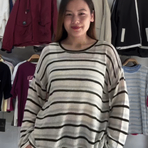 Beige and Brown Striped Knit Pullover