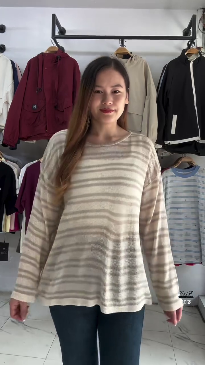 Beige and Brown Striped Knit Pullover - Image 2