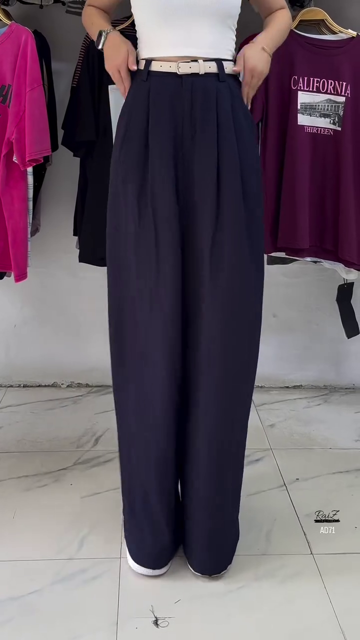 Navy Blue High-Waist Wide-Leg Pants