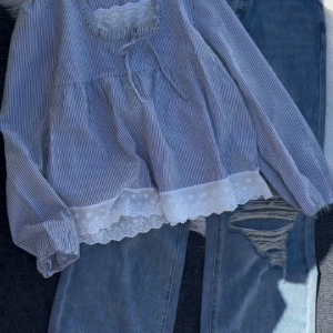 Pink Striped Ruffle Blouse with Distressed Denim Jeans Set