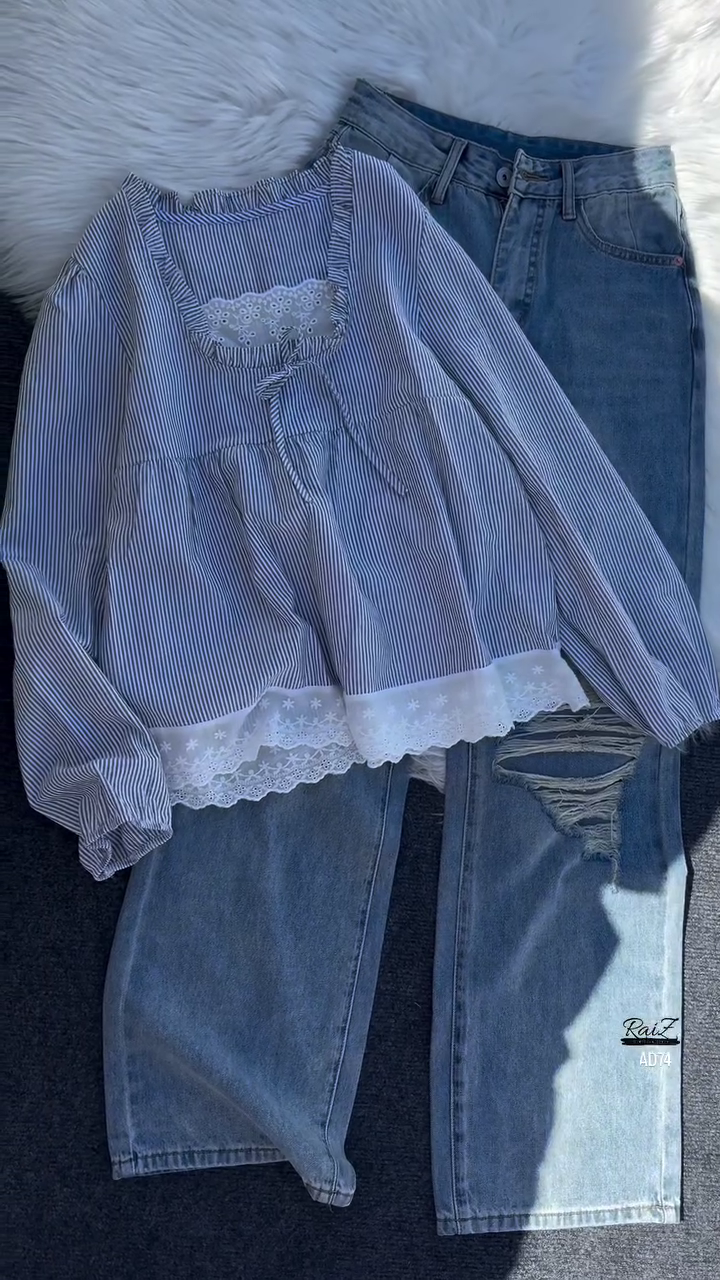 Pink Striped Ruffle Blouse with Distressed Denim Jeans Set