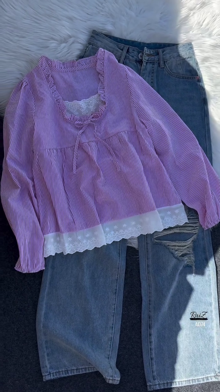 Pink Striped Ruffle Blouse with Distressed Denim Jeans Set - Image 2