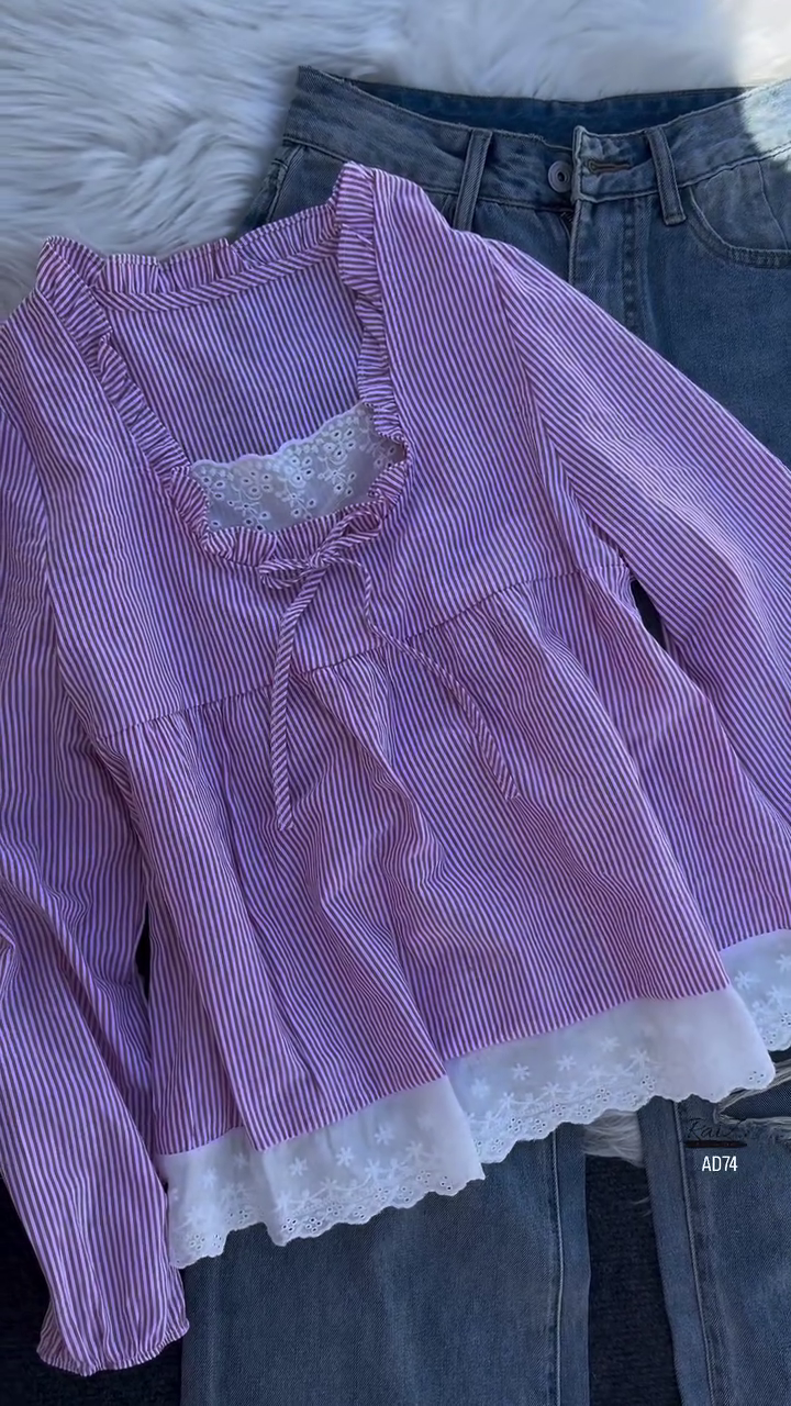 Pink Striped Ruffle Blouse with Distressed Denim Jeans Set - Image 3