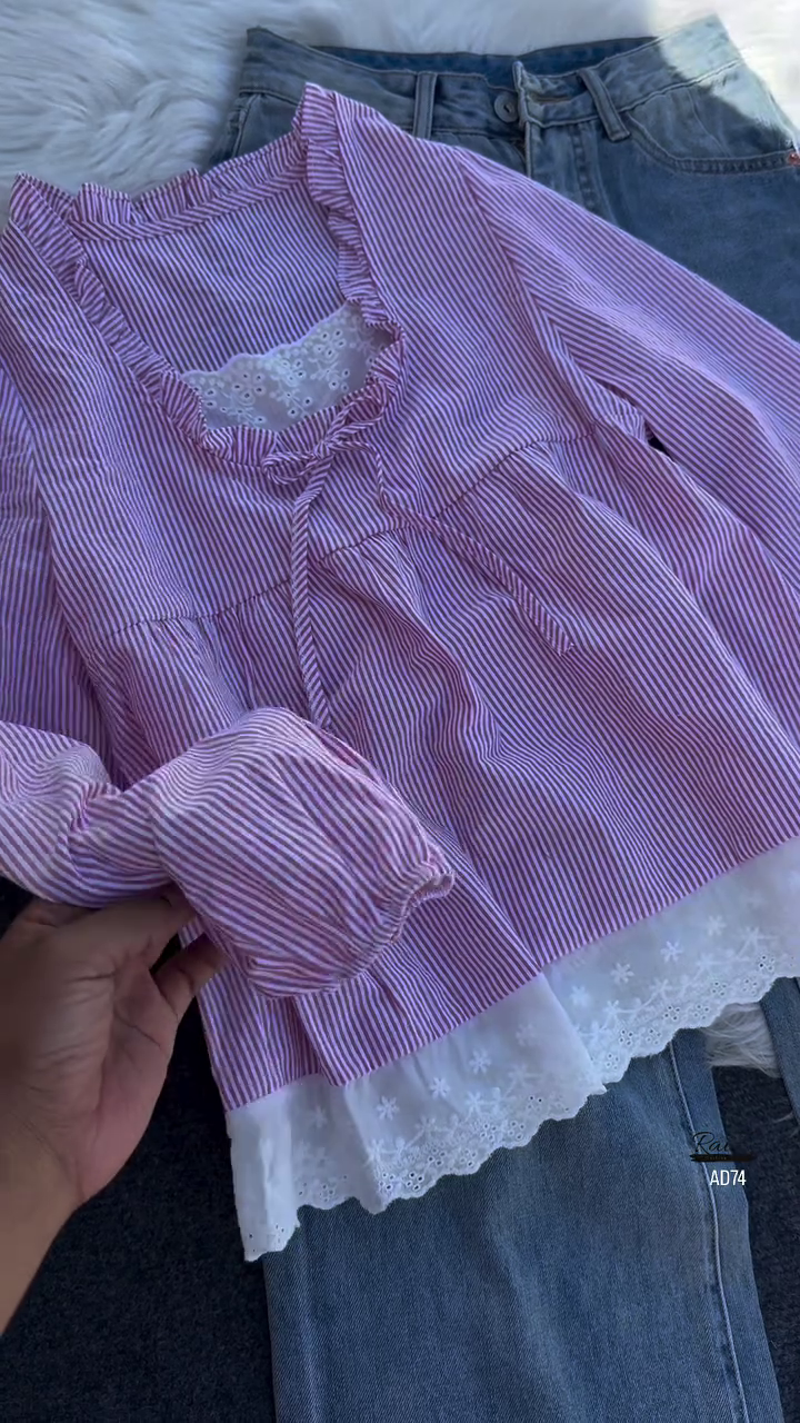 Pink Striped Ruffle Blouse with Distressed Denim Jeans Set - Image 4