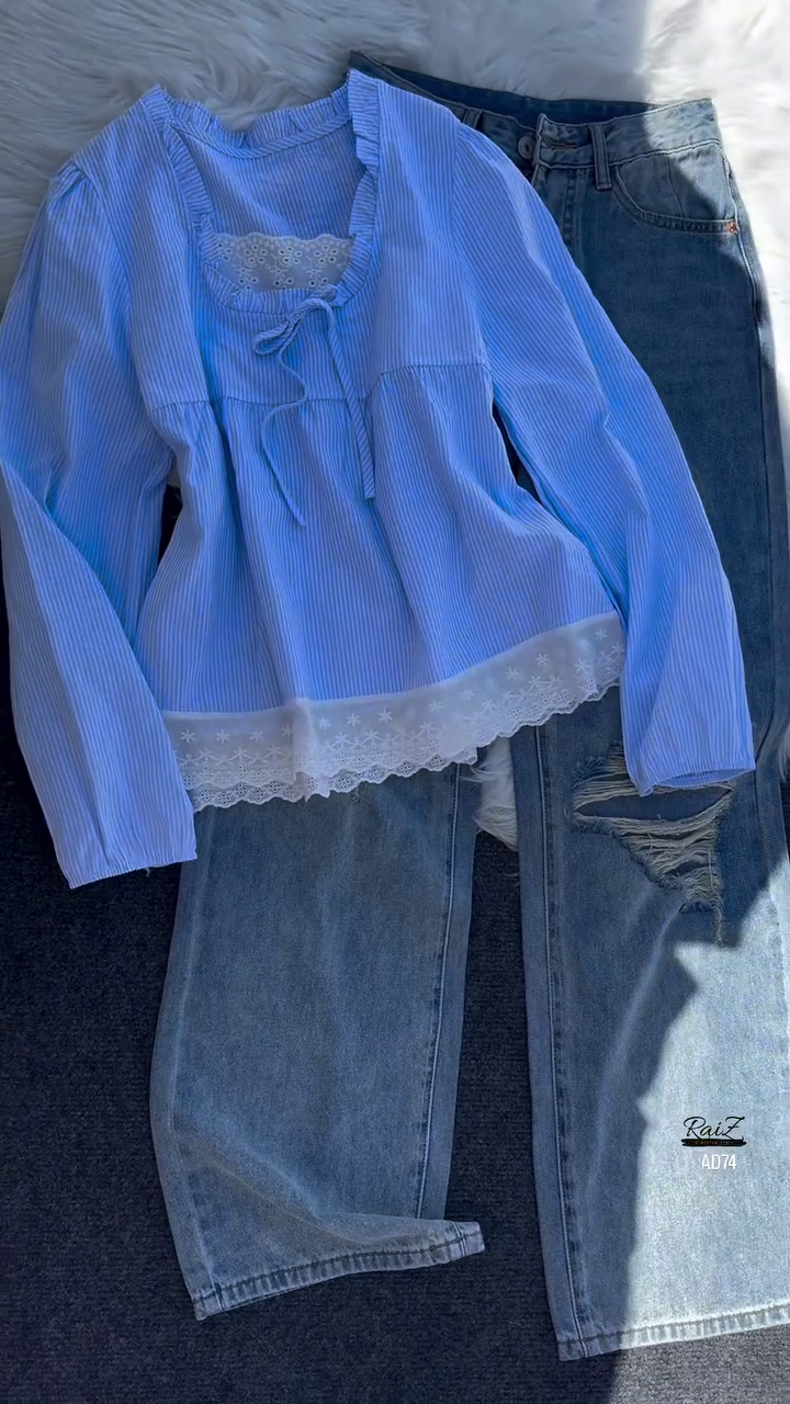 Pink Striped Ruffle Blouse with Distressed Denim Jeans Set - Image 5