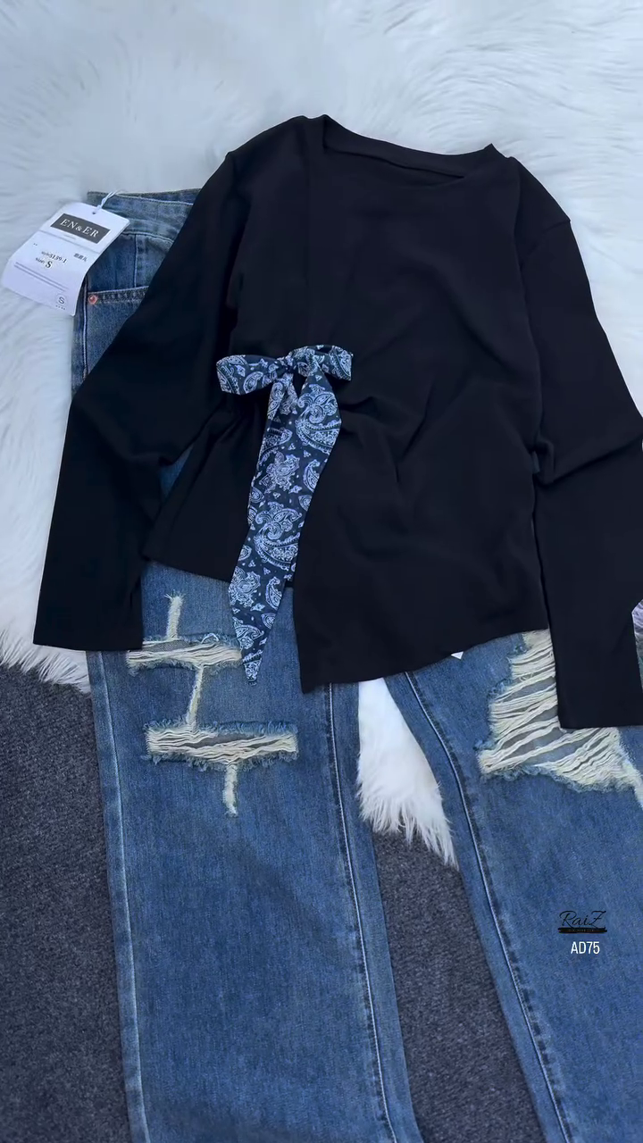 Casual Long Sleeve Top & Denim Jeans Outfit Set