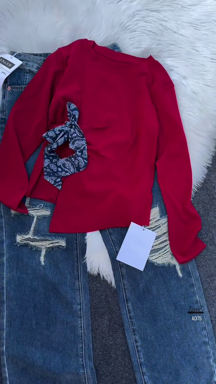 Casual Long Sleeve Top & Denim Jeans Outfit Set - Image 4