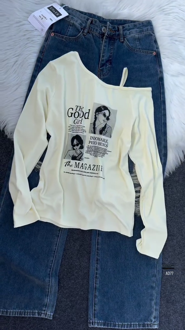 Burgundy Graphic Off-Shoulder Top & Distressed Denim Jeans Set